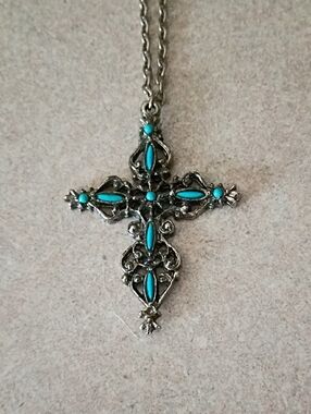 Vintage Turquoise Accent Silver Cross Pendant Necklace - Women Jewelry